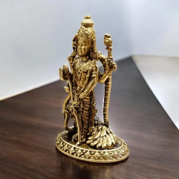 Sjl_Wax_Casting_Brass_Lord_Murugan_Statue_With_Peacock_Antique_Finish_Kartikeya_Idol_For_Home_Temple_And_Car_Dashboard_Housewarming_Gifting_Spiritual_Decor_Decorative_Showpiece_5_Cm_Gold