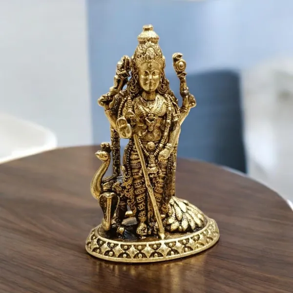 Sjl_Wax_Casting_Brass_Lord_Murugan_Statue_With_Peacock_Antique_Finish_Kartikeya_Idol_For_Home_Temple_And_Car_Dashboard_Housewarming_Gifting_Spiritual_Decor_Decorative_Showpiece_5_Cm_Gold