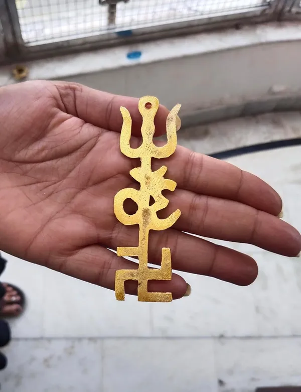 Sjl_Exports_Brass_Trishakti_Wall_Hanging_Om_Trishul_Swastik_Religious_Symbol_9.5_Cm_X_3_Cm_Gold_Brass_Trishakti_Yantra_Wall_Hanging_For_Home_Office_Worship
