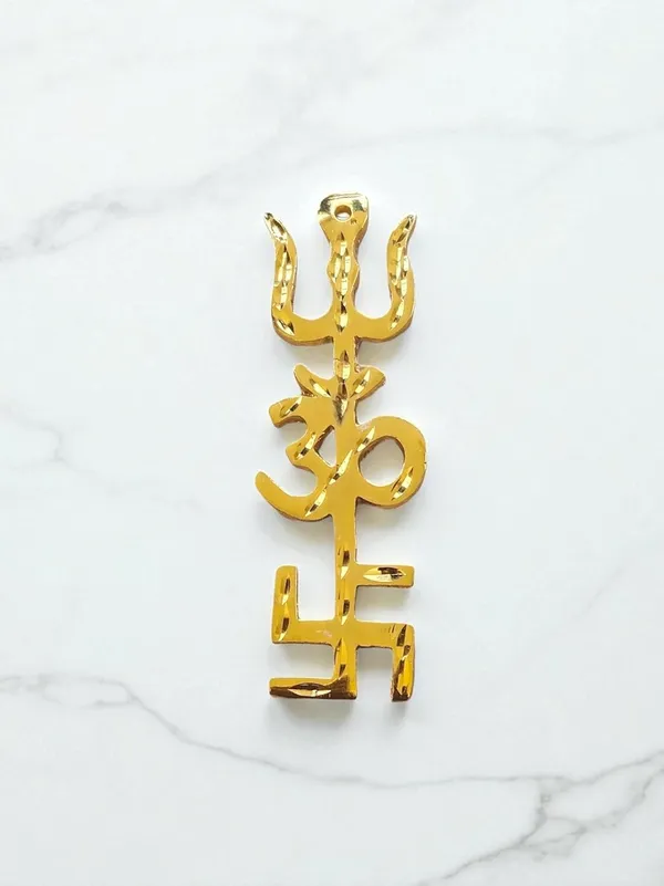 Sjl_Exports_Brass_Trishakti_Wall_Hanging_Om_Trishul_Swastik_Religious_Symbol_9.5_Cm_X_3_Cm_Gold_Brass_Trishakti_Yantra_Wall_Hanging_For_Home_Office_Worship