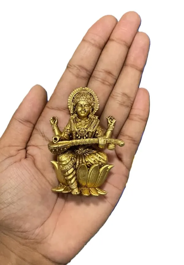 Sjl_Exports_Brass_Saraswati_Idol_Hindu_Goddess_Statue_Gold_Finish_Traditional_Temple_Decor_9_X_5_Cm_Handcrafted_Religious_Figurine