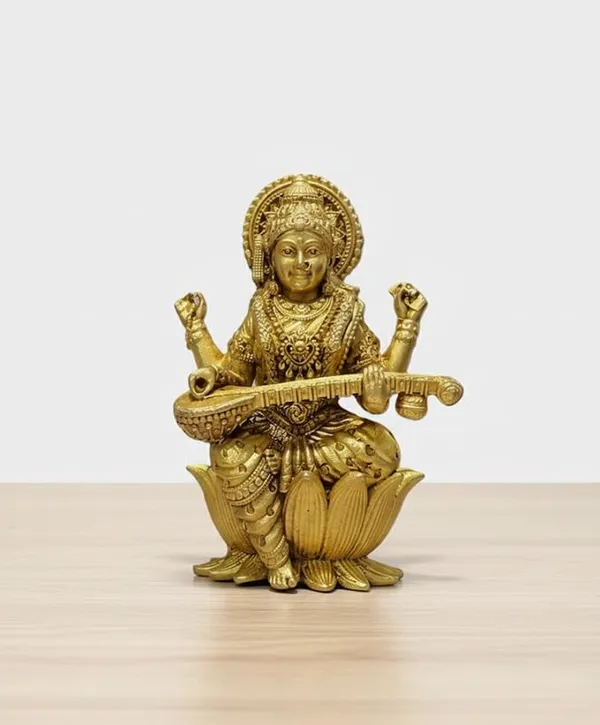 Sjl_Exports_Brass_Saraswati_Idol_Hindu_Goddess_Statue_Gold_Finish_Traditional_Temple_Decor_9_X_5_Cm_Handcrafted_Religious_Figurine