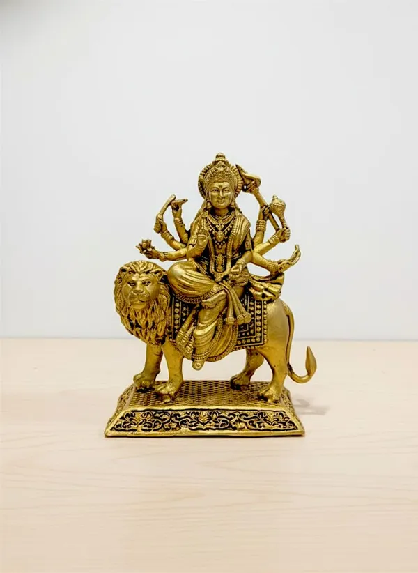 Sjl_Exports_Brass_Durga_Maa_Idol_With_Lion_Mount_Traditional_Hindu_Religious_Statue_Gold_Finish_8_Cm_Height_Handcrafted_Spiritual_Showpiece_For_Home_Temple_Puja_Indoor_Decor