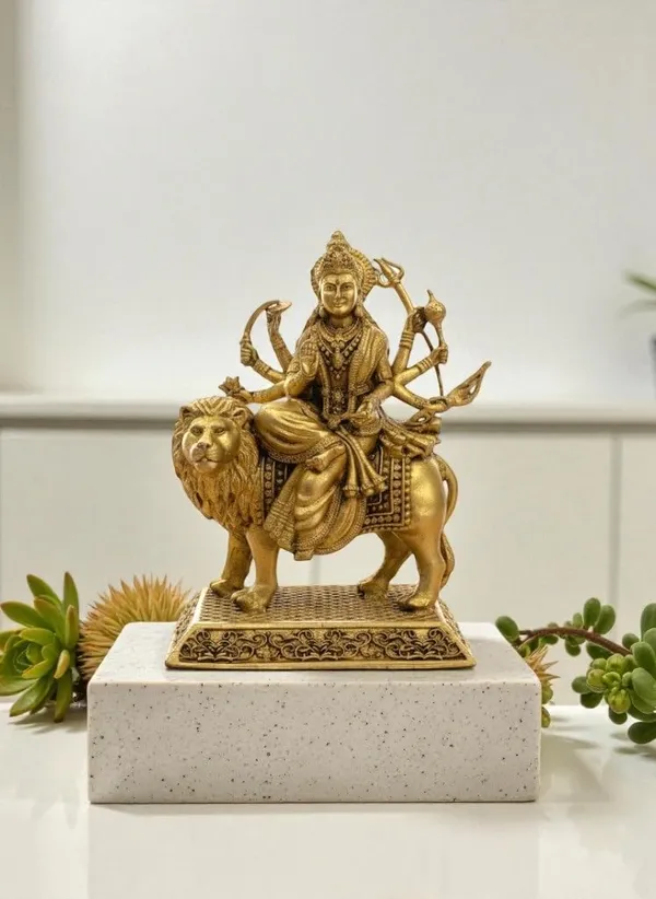 Sjl_Exports_Wax_Casting_Brass_Durga_Maa_Idol_With_Lion_Mount_Traditional_Hindu_Goddess_Statue_Religious_Handicraft_Showpiece_Gold_Finish_10.5_X_9_X_5_Cm_Temple_Decor