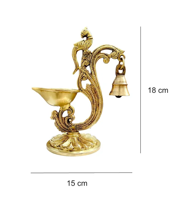 Sjl_Exports_Traditional_Brass_Parrot_Bell_Diya_Decorative_Oil_Lamp_With_Stand_Handcrafted_Temple_Pooja_Artifact_18Cm_Height_Gold_Finish_Religious_Home_Decor