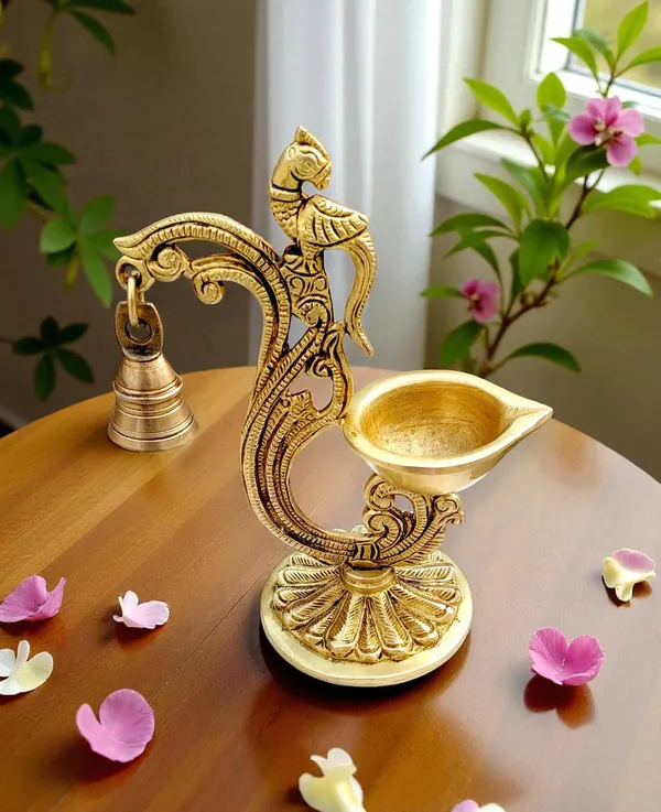 Sjl_Exports_Traditional_Brass_Parrot_Bell_Diya_Decorative_Oil_Lamp_With_Stand_Handcrafted_Temple_Pooja_Artifact_18Cm_Height_Gold_Finish_Religious_Home_Decor