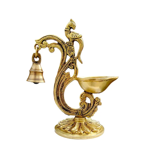 Sjl_Exports_Traditional_Brass_Parrot_Bell_Diya_Decorative_Oil_Lamp_With_Stand_Handcrafted_Temple_Pooja_Artifact_18Cm_Height_Gold_Finish_Religious_Home_Decor