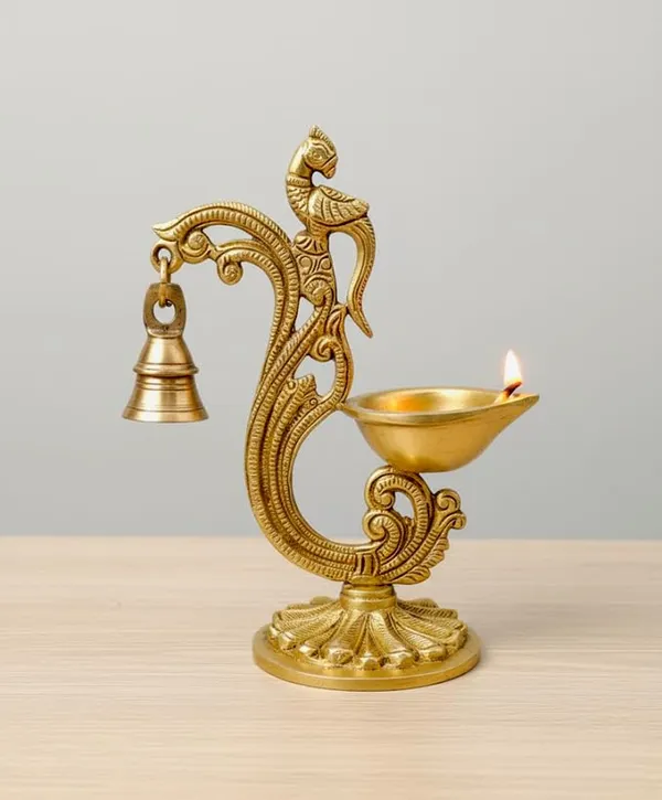 Sjl_Exports_Traditional_Brass_Parrot_Bell_Diya_Decorative_Oil_Lamp_With_Stand_Handcrafted_Temple_Pooja_Artifact_18Cm_Height_Gold_Finish_Religious_Home_Decor