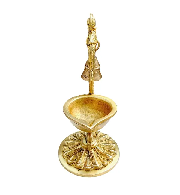 Sjl_Exports_Traditional_Brass_Parrot_Bell_Diya_Decorative_Oil_Lamp_With_Stand_Handcrafted_Temple_Pooja_Artifact_18Cm_Height_Gold_Finish_Religious_Home_Decor