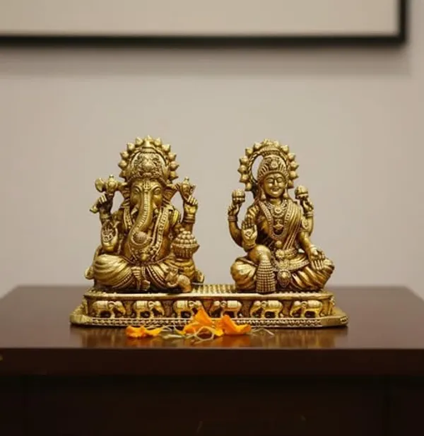 Sjl_Wax_Casting_Brass_Ganesh_Lakshmi_Statue_Hindu_Deity_Figurine_Gold_Finish_Religious_Home_Decor_10Cm_X_7Cm_Traditional_Elephant_Base_Design