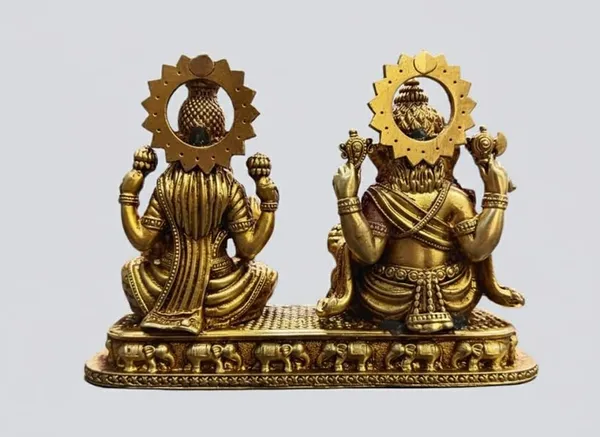 Sjl_Wax_Casting_Brass_Ganesh_Lakshmi_Statue_Hindu_Deity_Figurine_Gold_Finish_Religious_Home_Decor_10Cm_X_7Cm_Traditional_Elephant_Base_Design