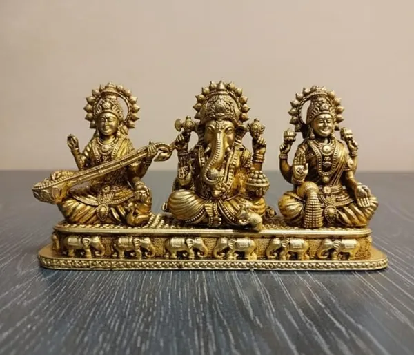 Sjl_Brass_Lakshmi_Ganesha_Saraswati_Idol_Hindu_Trinity_Statue_Gold_Finish_Religious_Murti_For_Home_Temple_13.5_X_7.5_Cm