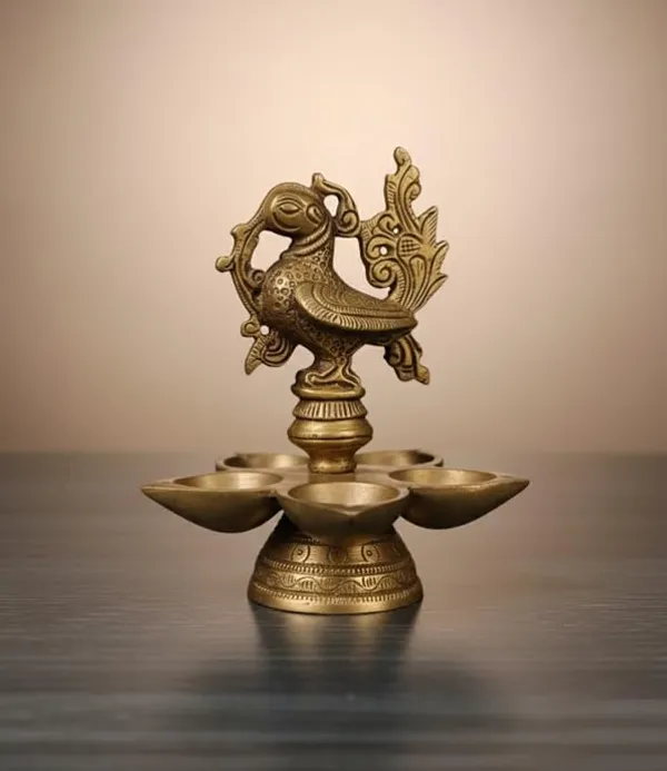 Sjl_Exports_Traditional_Brass_Bird_Design_Diya_Lamp_With_Stand_13_Cm_Gold_5_Cup_Oil_Lamp_Decorative_Peacock_Figurine_For_Worship_Home_Decor_Diwali_Religious_Ceremonies