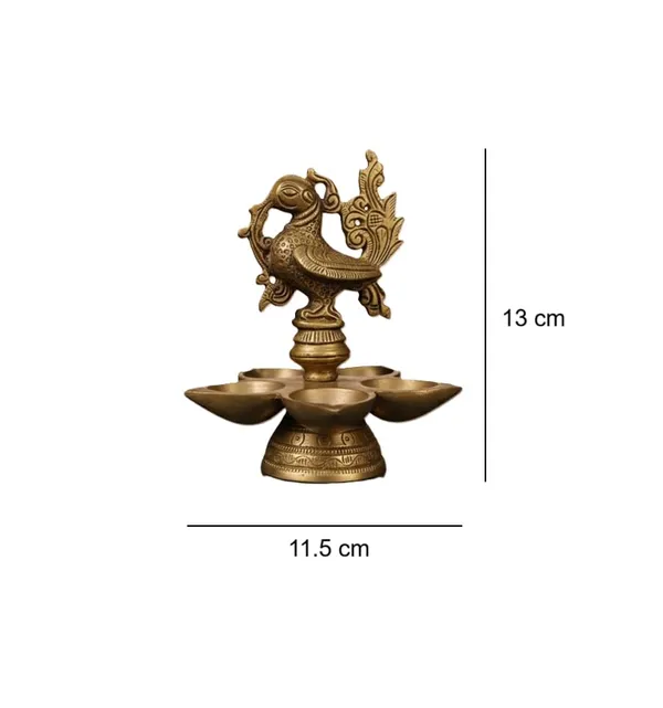Sjl_Exports_Traditional_Brass_Bird_Design_Diya_Lamp_With_Stand_13_Cm_Gold_5_Cup_Oil_Lamp_Decorative_Peacock_Figurine_For_Worship_Home_Decor_Diwali_Religious_Ceremonies