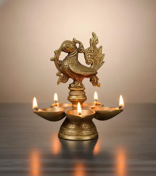 Sjl_Exports_Traditional_Brass_Bird_Design_Diya_Lamp_With_Stand_13_Cm_Gold_5_Cup_Oil_Lamp_Decorative_Peacock_Figurine_For_Worship_Home_Decor_Diwali_Religious_Ceremonies