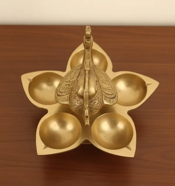Sjl_Exports_Traditional_Brass_Bird_Design_Diya_Lamp_With_Stand_13_Cm_Gold_5_Cup_Oil_Lamp_Decorative_Peacock_Figurine_For_Worship_Home_Decor_Diwali_Religious_Ceremonies