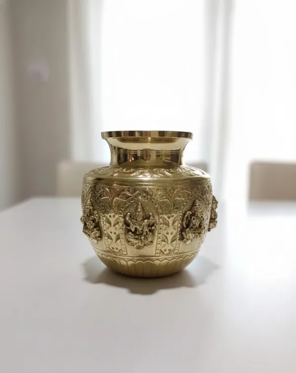 Sjl_Exports_Brass_Handcrafted_Kalash_With_Deity_Motifs_Traditional_Antique_Gold_Finish_14_Cm_Height_Round_Shape_Religious_Ceremonial_Vessel_For_Pooja_Rituals_Festivals_Home_Temple_Decor