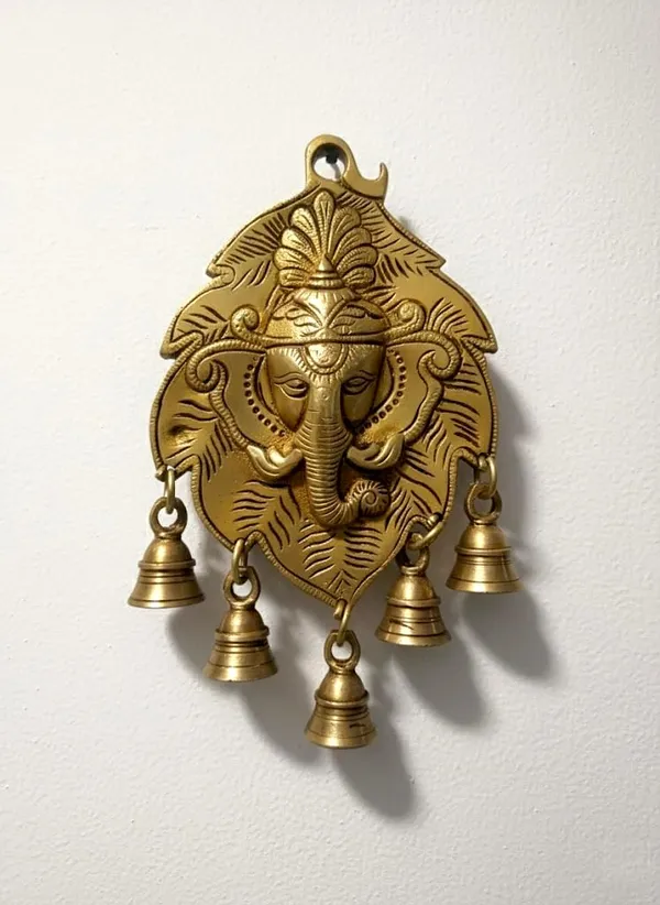 Sjl_Exports_Brass_Ganesh_Wall_Hanging_With_Bells_Traditional_Hindu_Temple_Art_Antique_Gold_Leaf_Design_22_X_14_Cm_Handcrafted_Wall_Decor_For_Pooja_Room_Living_Room_Meditation_Space