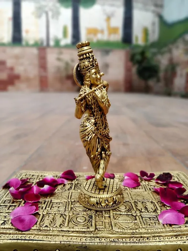 Sjl_Wax_Casting_Brass_Lord_Krishna_Statue_With_Flute_Golden_Finish_Handcrafted_Hindu_Deity_Figurine_For_Home_Temple_Office_Decor_Religious_Gift