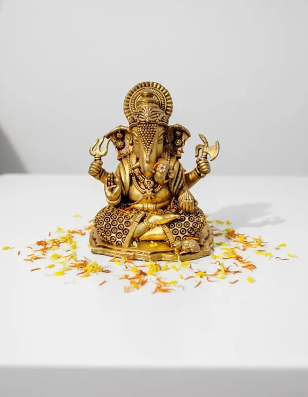 Sjl_Wax_Casting_Handcrafted_Brass_Lord_Ganesha_Statue_Golden_Antique_Finish_5.5_Cm_Height_Seated_Posture_With_Intricate_Detailing_Religious_Figurine_For_Home_Temple_And_Office_Decor
