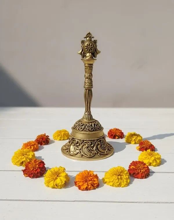 Sjl_Brass_Pooja_Ghanti_With_Sudarshan_Chakra_Motif_Gold_11_X_6_Cm_Height_Polished_Finish_Religious_Theme_Handcrafted_Bell