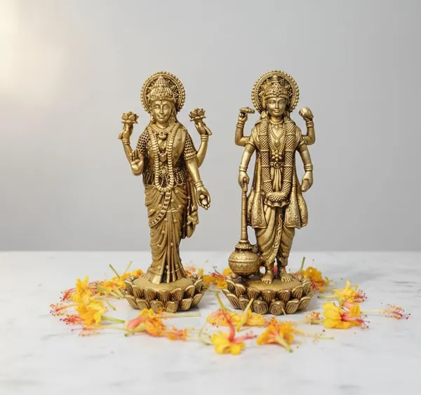 Sjl_Wax_Casting_Pure_Brass_Lakshmi_Narayan_Pair_Statue_Standing_On_Lotus_Base_Handcrafted_Vishnu_Lakshmi_Idol_For_Home_Mandir_Pooja_Decor_10_X_4_Cm