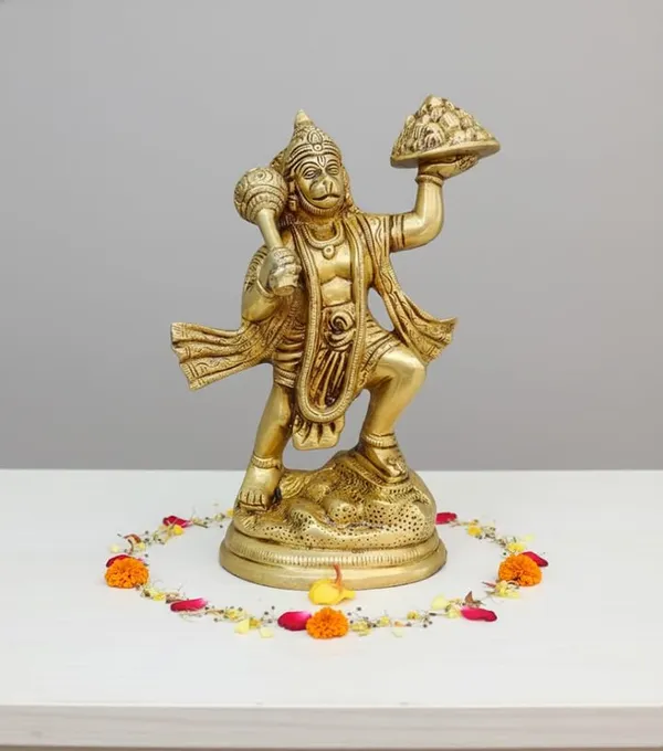 Sjl_Brass_Lord_Hanuman_Statue_With_Sanjeevani_Parvat_And_Gada_Golden_Antique_Finish_21_Cm_Height_Handcrafted_Religious_Idol_For_Home_Temple_And_Pooja_Room_Decor