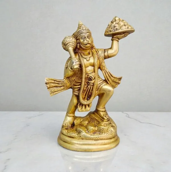 Sjl_Brass_Lord_Hanuman_Statue_With_Sanjeevani_Parvat_And_Gada_Golden_Antique_Finish_21_Cm_Height_Handcrafted_Religious_Idol_For_Home_Temple_And_Pooja_Room_Decor