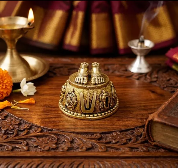 Sjl_Wax_Casting_Balaji_Charan_Paduka_Brass_Figurine_Antique_Gold_Religious_Theme_8X8X5_Cm_Handcrafted_Sacred_Idol_For_Home_Mandir