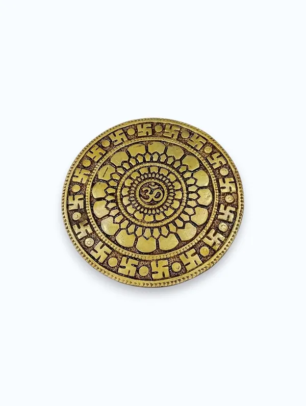 Sjl_Brass_Om_And_Swastika_Mandala_Coin_Showpiece_Gold_Finish_15_Cm_Vastu_Decor_Artifact