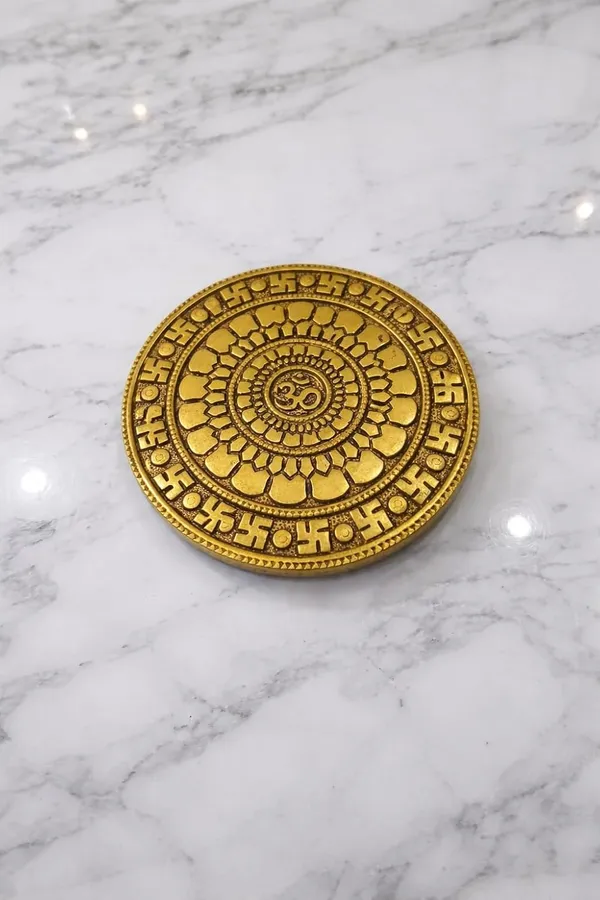 Sjl_Brass_Om_And_Swastika_Mandala_Coin_Showpiece_Gold_Finish_15_Cm_Vastu_Decor_Artifact