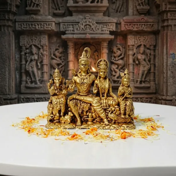 Sjl_Wax_Casting_Brass_Shiv_Parivar_Statue_Golden_Finish_Lord_Shiva_Family_Idol_With_Ganesha_And_Kartikeya_10_X_9_Cm_Handcrafted_Hindu_Religious_Figurine_For_Home_Temple