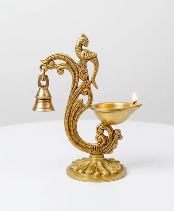Sjl_Exports_Traditional_Brass_Parrot_Bell_Diya_Decorative_Oil_Lamp_With_Stand_Handcrafted_Temple_Pooja_Artifact_18Cm_Height_Gold_Finish_Religious_Home_Decor