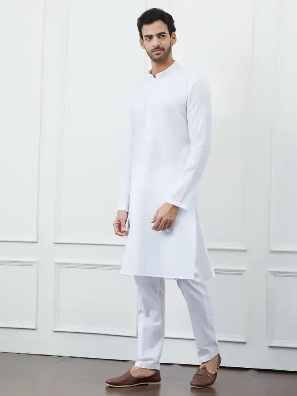 Men_White_Cotton_Multi_Thread_Work_Kurta_With_Pyjama