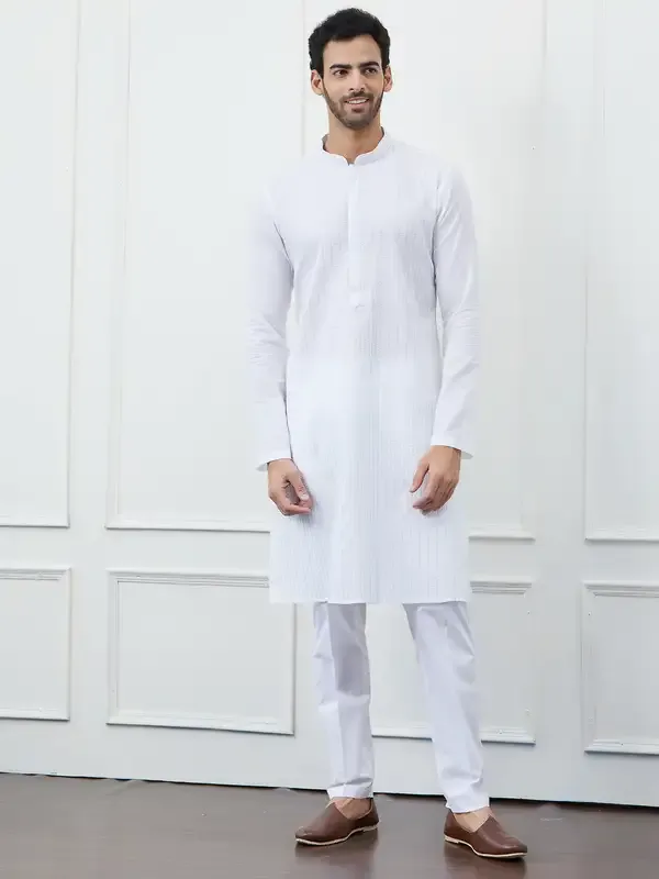 Men_White_Cotton_Multi_Thread_Work_Kurta_With_Pyjama