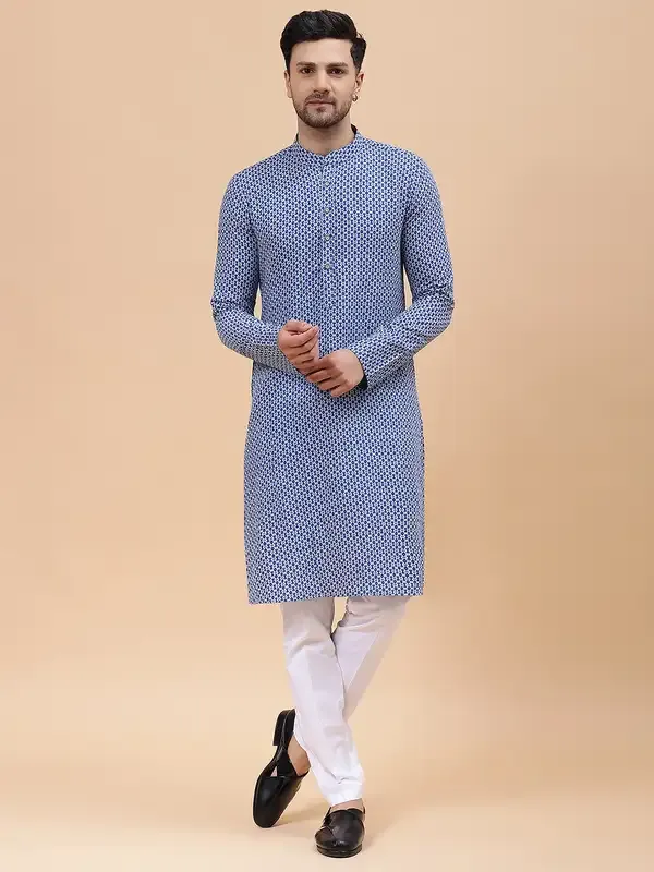 Men_Blue_&_Grey_Pure_Cotton_Printed_Staright_Kurta_With_Pajama