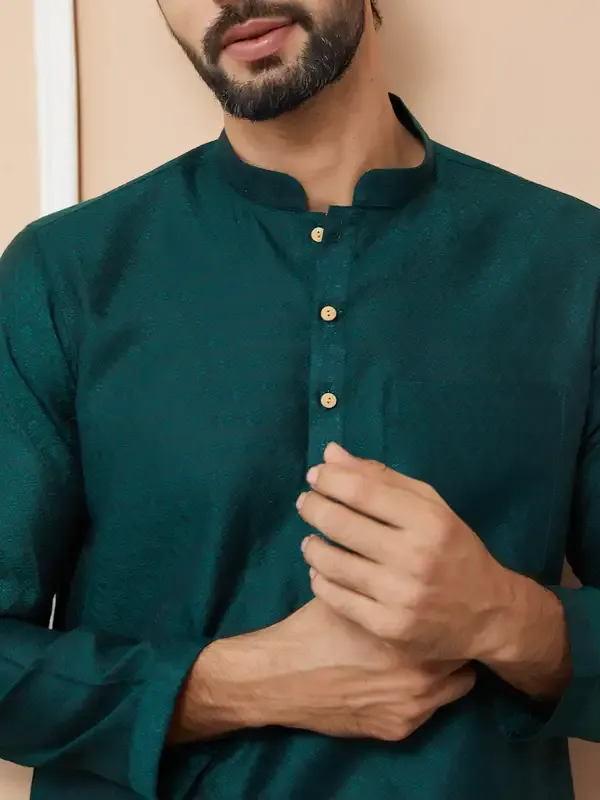 Dark_Green_Ethnic_Motifs_Silk_Jacquard_Woven_Design_Straight_Kurta_With_Pyjama