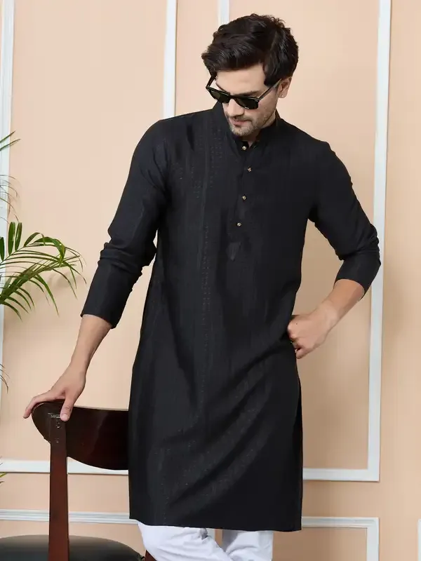 Black_Jacquard_Mandarin_Collar_Straight_Kurta_With_Pyjama