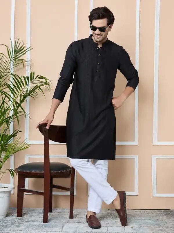 Black_Jacquard_Mandarin_Collar_Straight_Kurta_With_Pyjama