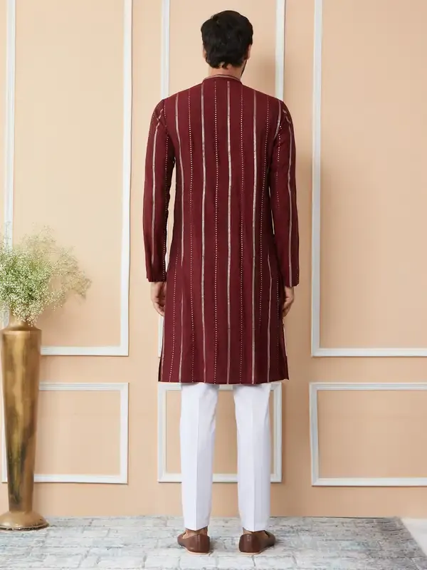 Maroon_Sequins_Embroidered_Pure_Chanderi_Silk_Straight_Kurta_With_Pyjama