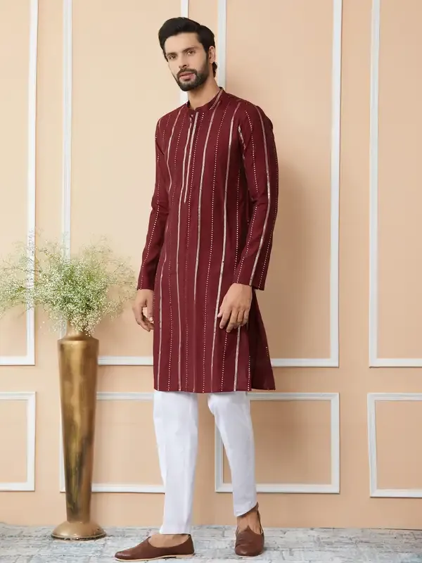 Maroon_Sequins_Embroidered_Pure_Chanderi_Silk_Straight_Kurta_With_Pyjama