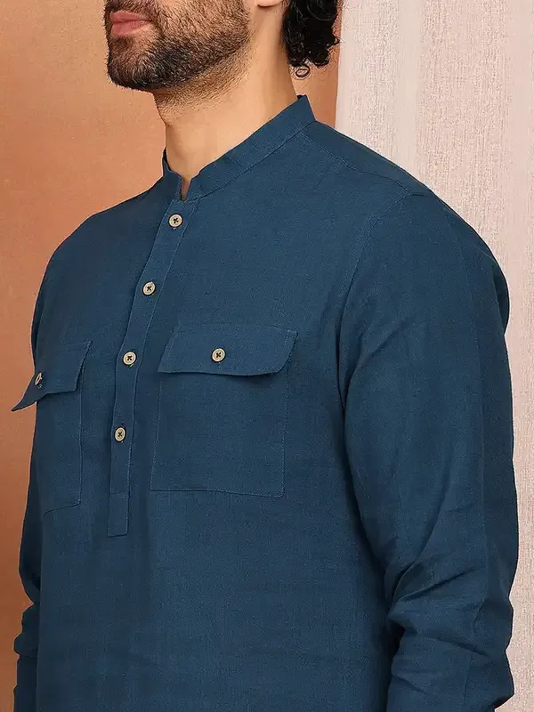 Men'S_Royal_Blue_Linen_Solid_Pathani_Set