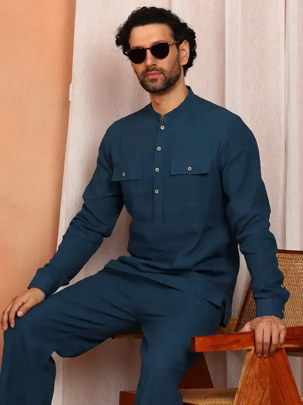 Men'S_Royal_Blue_Linen_Solid_Pathani_Set