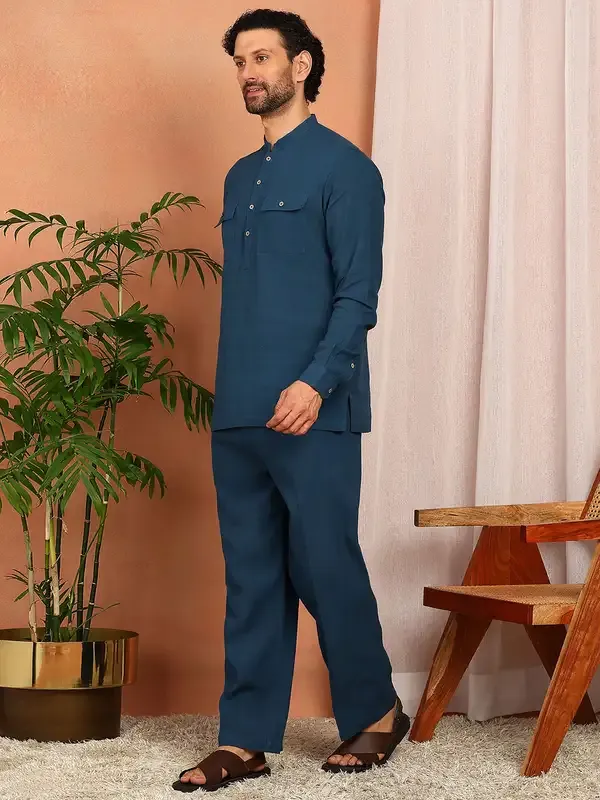 Men'S_Royal_Blue_Linen_Solid_Pathani_Set