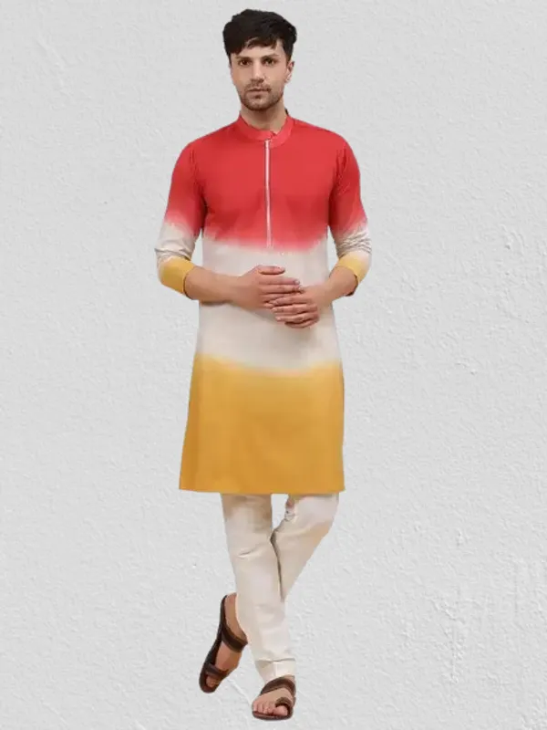 Men_Orange_White_And_Mustard_Ombre_Dyed_Pure_Cotton_Kurta_With_White_Pajama