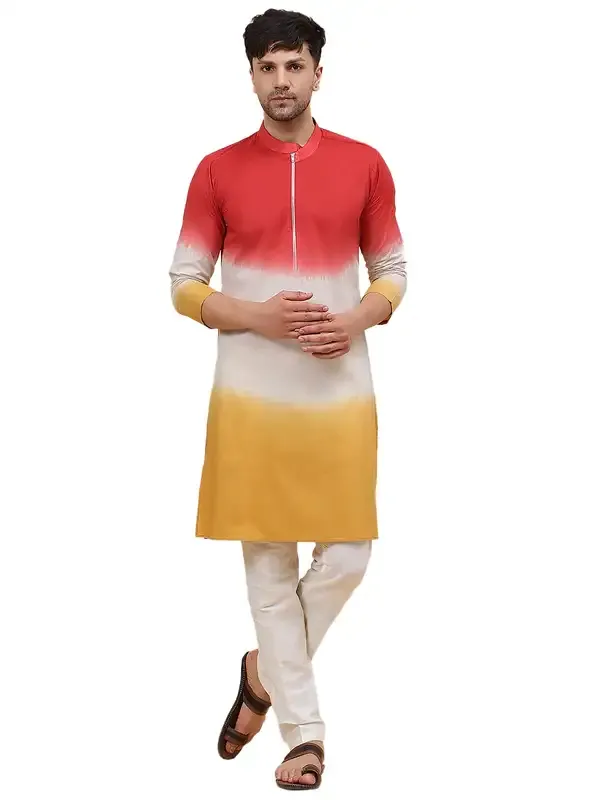Men_Orange_White_And_Mustard_Ombre_Dyed_Pure_Cotton_Kurta_With_White_Pajama