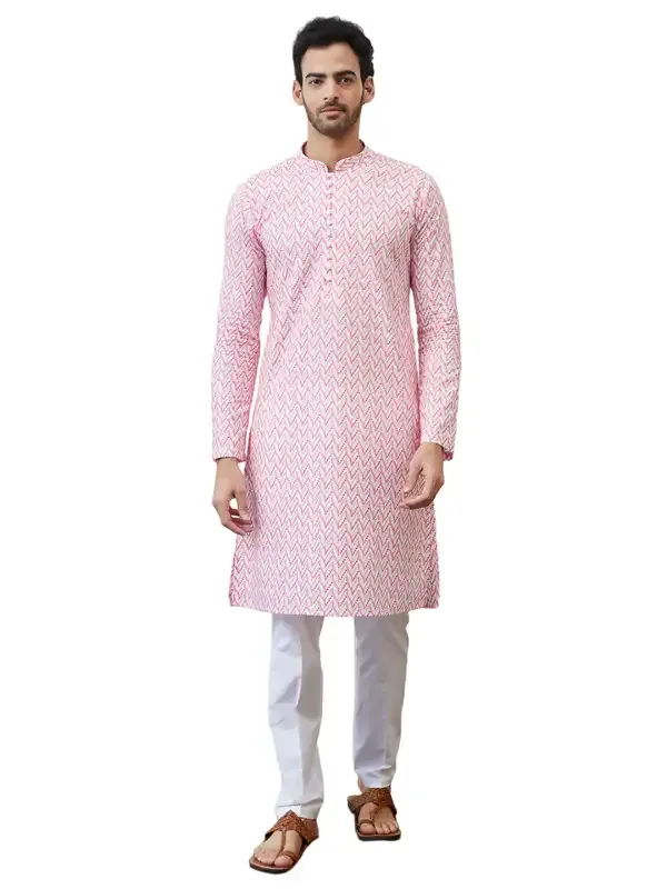 Men_Orange_And_White_Chikankari_Embroidered_Cotton_Kurta_Set