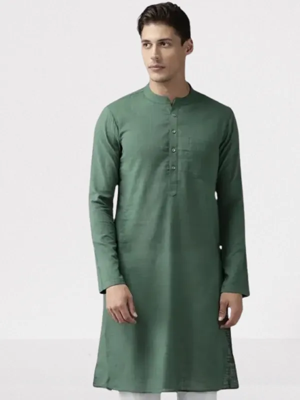 Men_Green_Cotton_Straight_Kurta_With_Slub_Effect