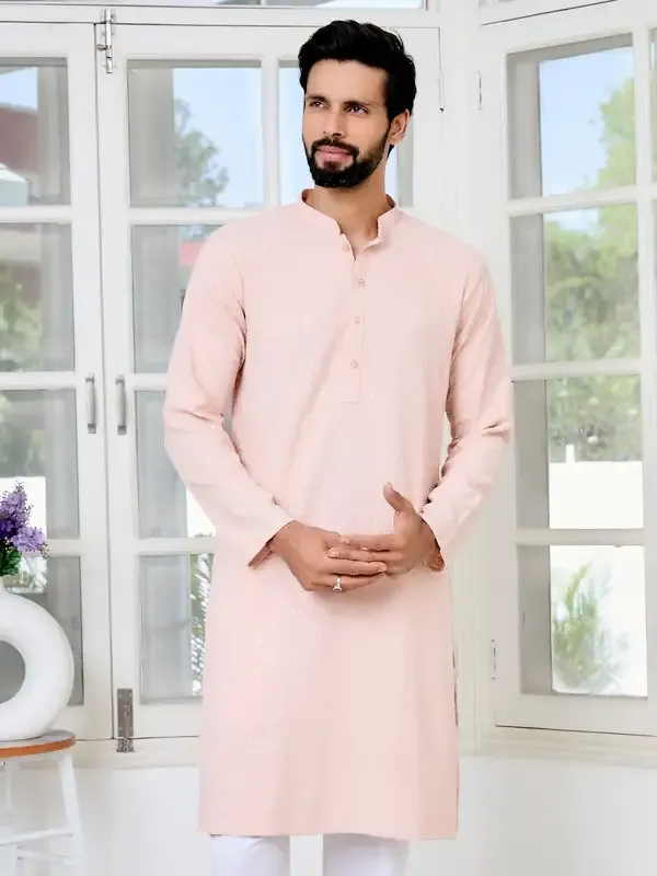 Men_Peach_Ethnic_Motifs_Sequins_Embroidered_Straight_Kurta_With_Pyjama