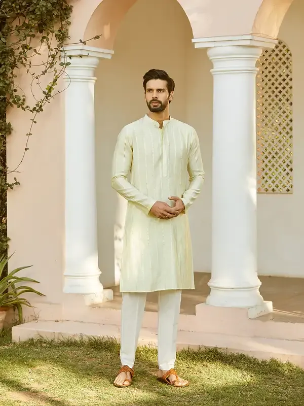 Men_Off_White_And_Gold_Chanderi_Silk_Sequins_Kurta_With_Pyjama
